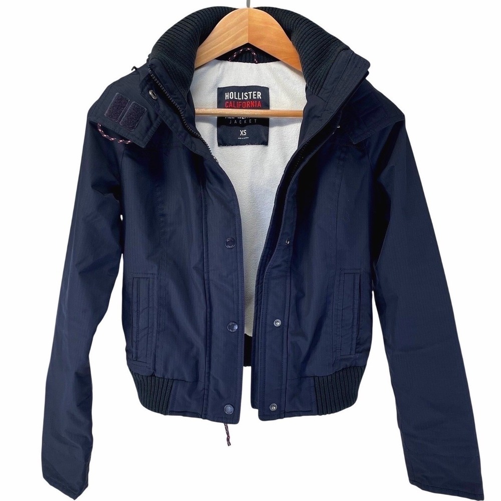 Hollister Navy Blue All-Weather Jacket Fleece Lined Removable Hood XS No Fur - Picture 1 of 12